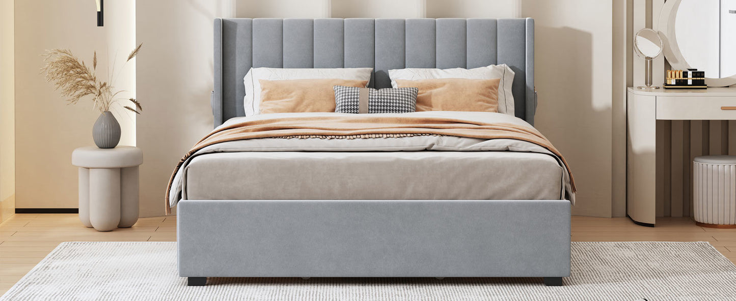 queen size upholstered bed with 4 drawers, gray