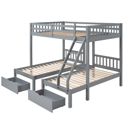 Triple Bunk Bed with Drawers and Guardrails, Gray