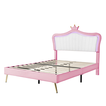Modern Upholstered Princess Bed With Crown Headboard and LED Lights, White+Pink