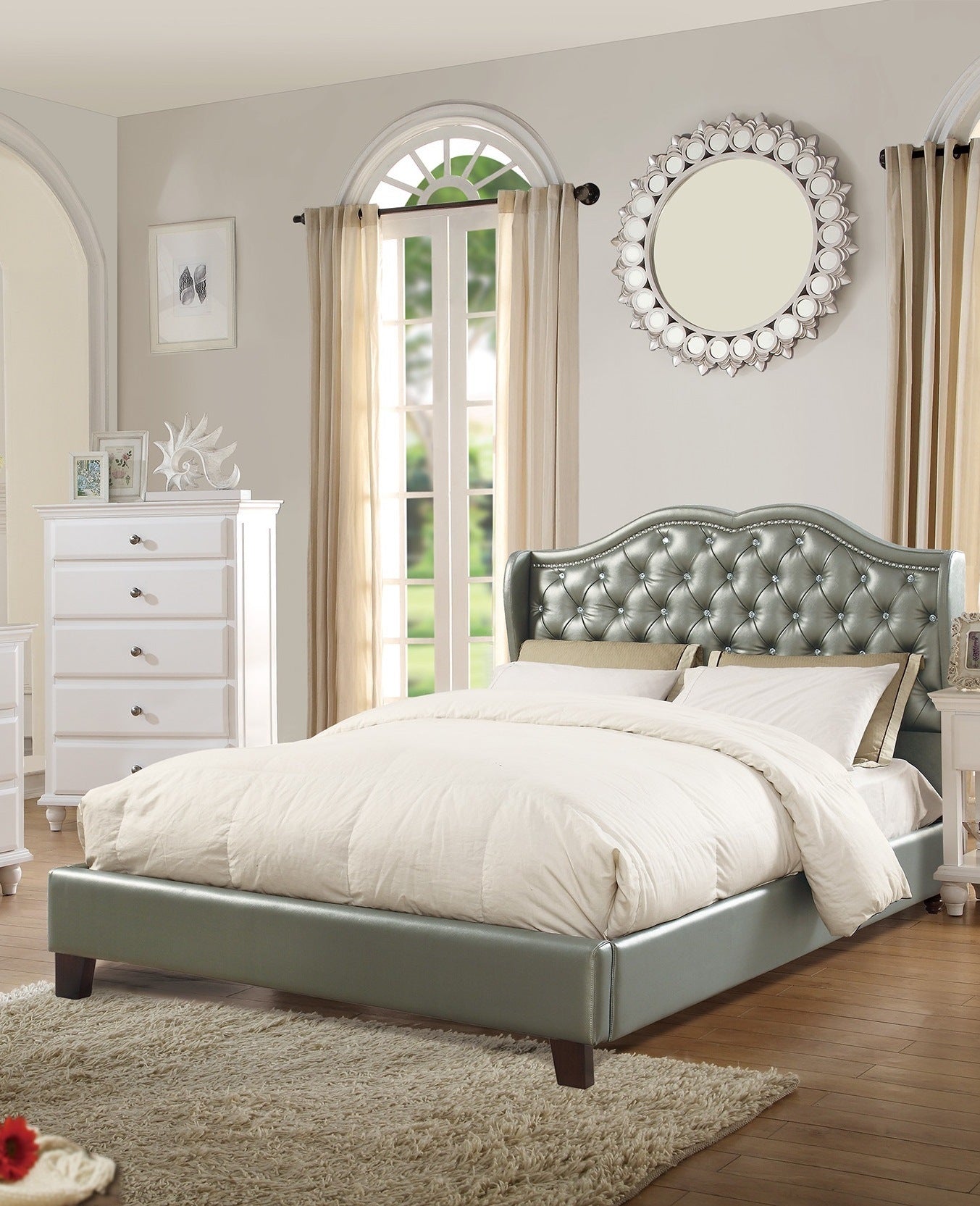 faux leather upholstered wingback design bed, silver