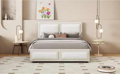 Teddy Upholstered Platform Bed with Large Rivet-decorated Backrests and 4 Drawers, Velvet Beige+White