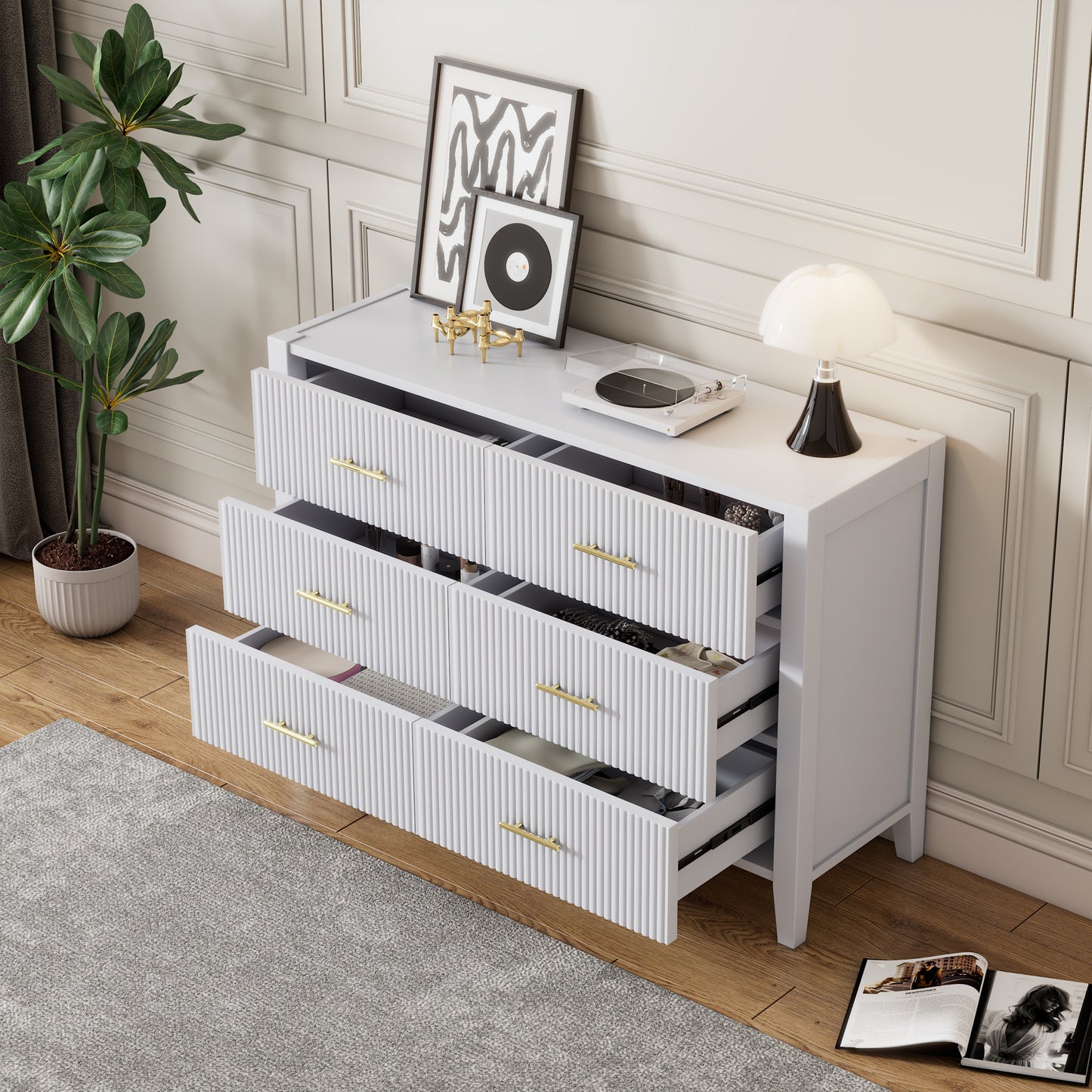 6 drawer dresser with metal handle for bedroom, white