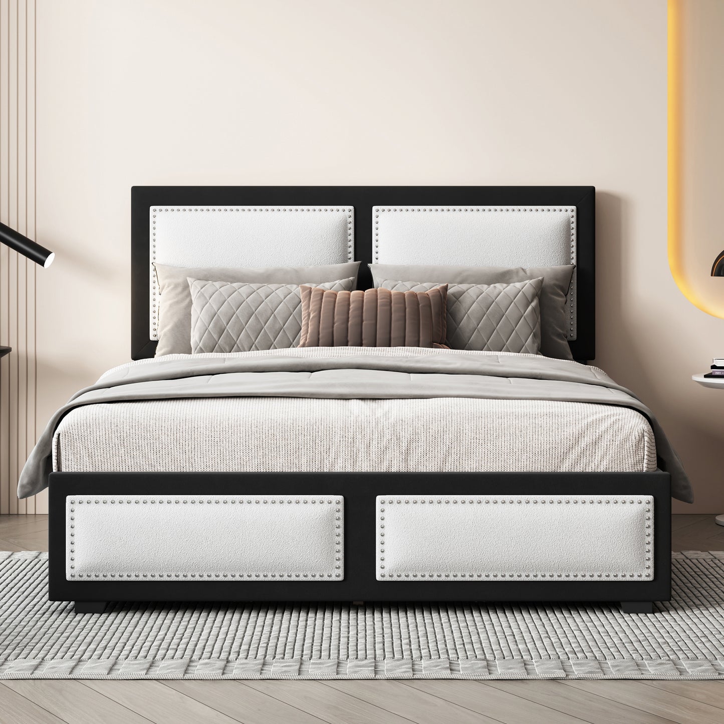 teddy upholstered platform bed with large rivet-decorated backrests and 4 drawers, velvet black+white