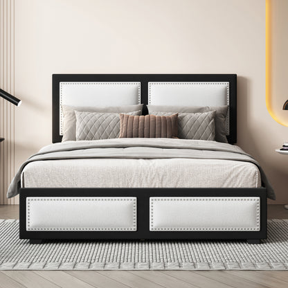 Teddy Upholstered Platform Bed with Large Rivet-decorated Backrests and 4 Drawers, Velvet Black+White
