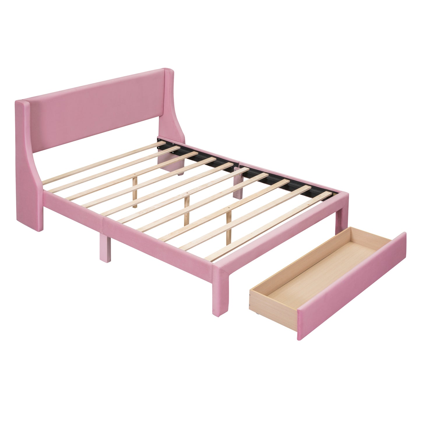 velvet upholstered storage bed with a big drawer - pink
