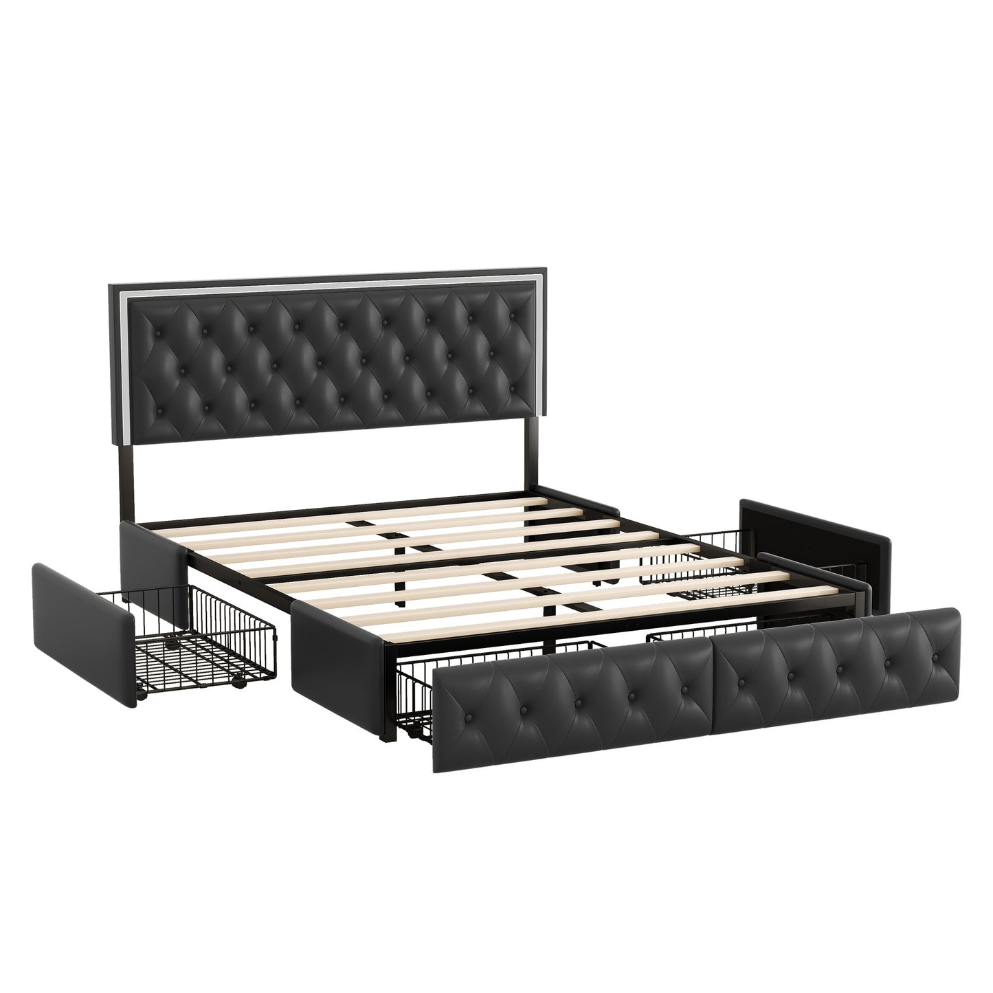 queen upholstered pu leather platform bed with led headboard, black