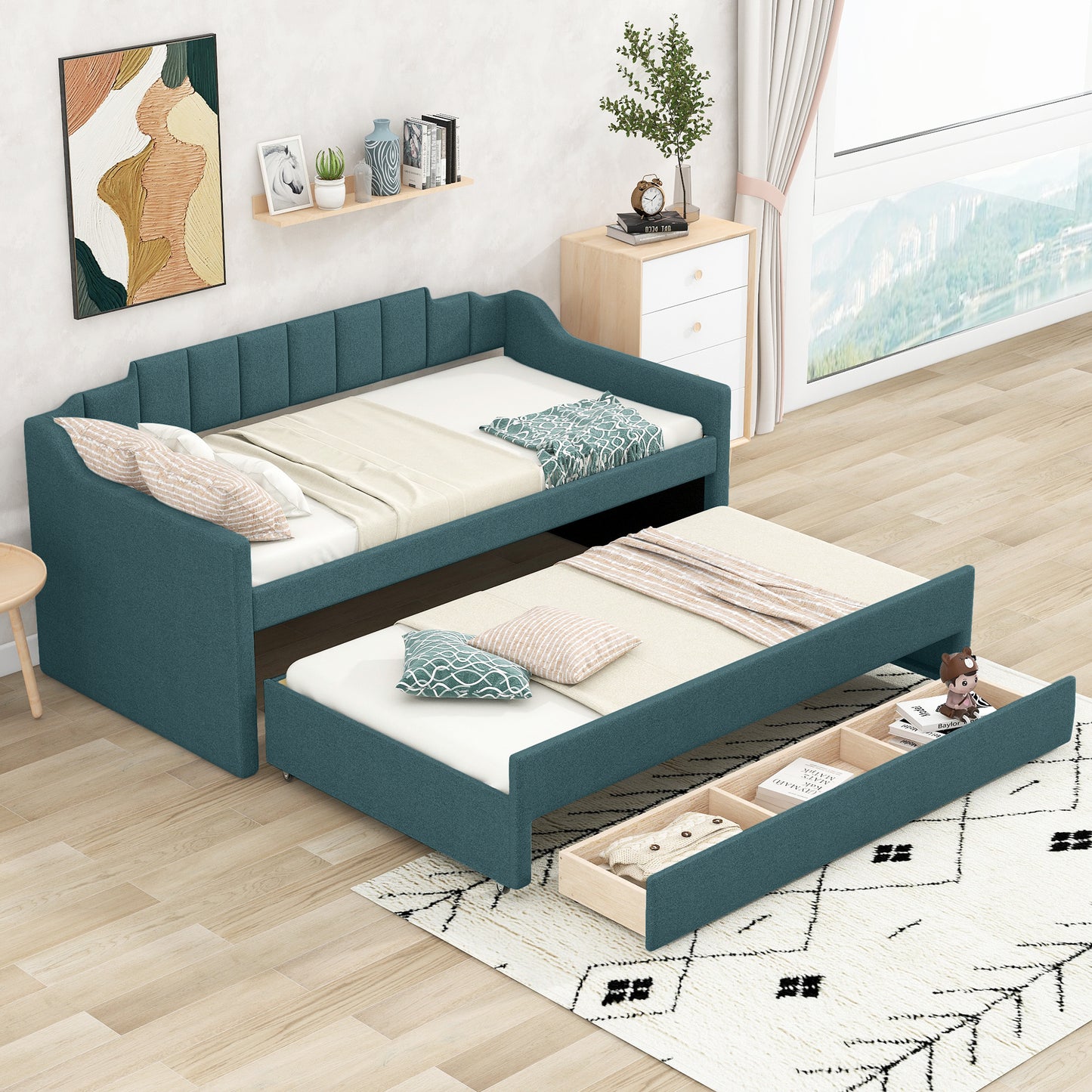 eli upholstered daybed with trundle and three drawers, green