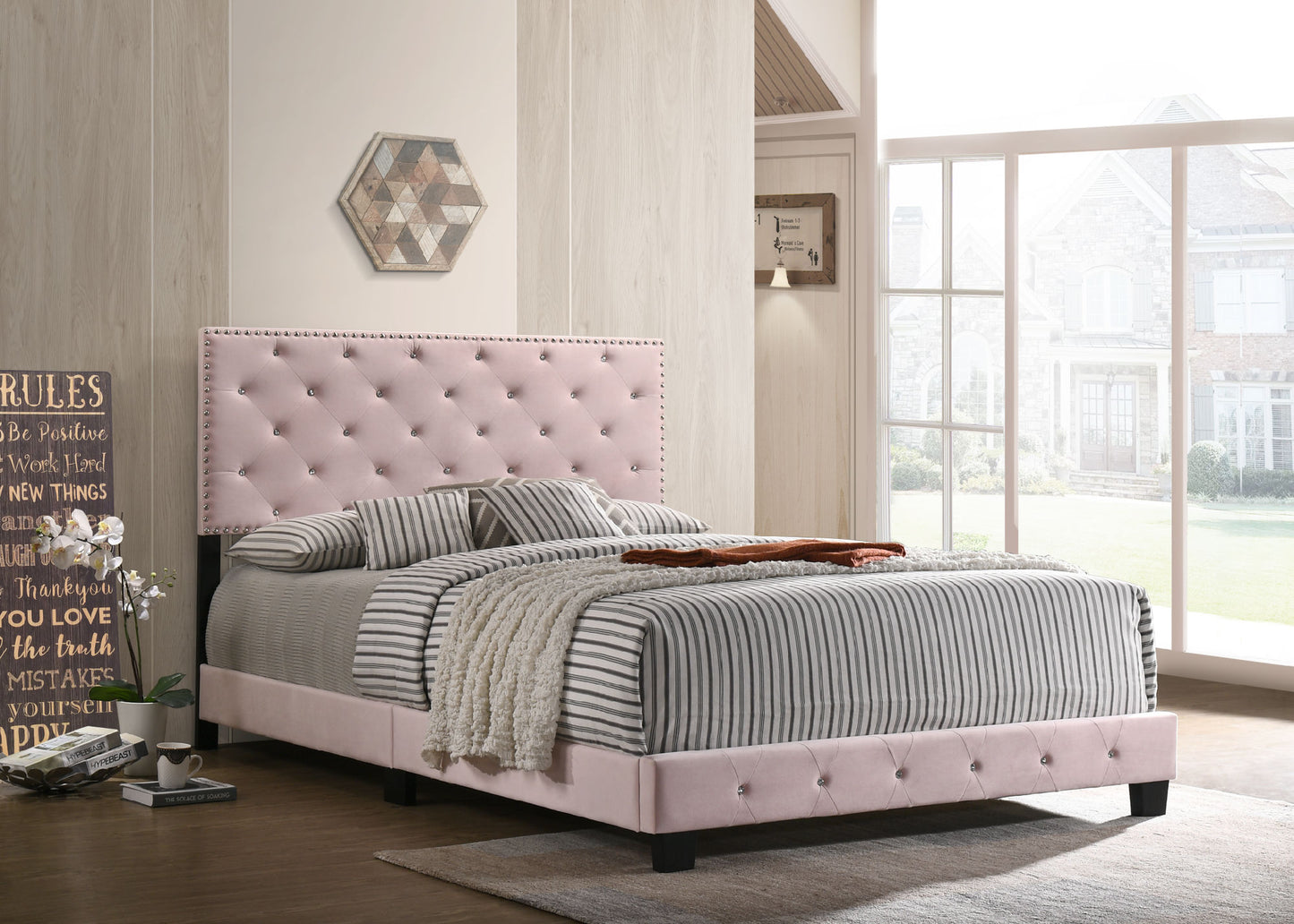 velvet suffolk upholstered bed, pink