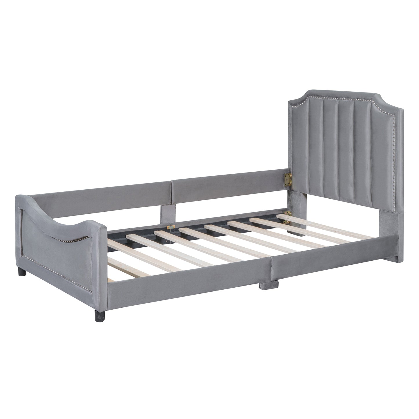 maya upholstered bed with classic stripe shaped headboard, gray