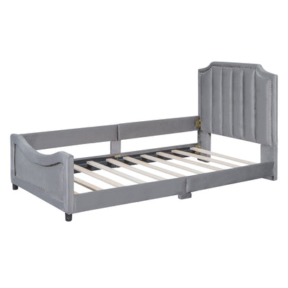 Maya Upholstered Bed with Classic Stripe Shaped Headboard, Gray