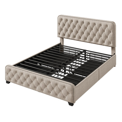 Upholstered Platform Bed Frame with Four Drawers, Beige