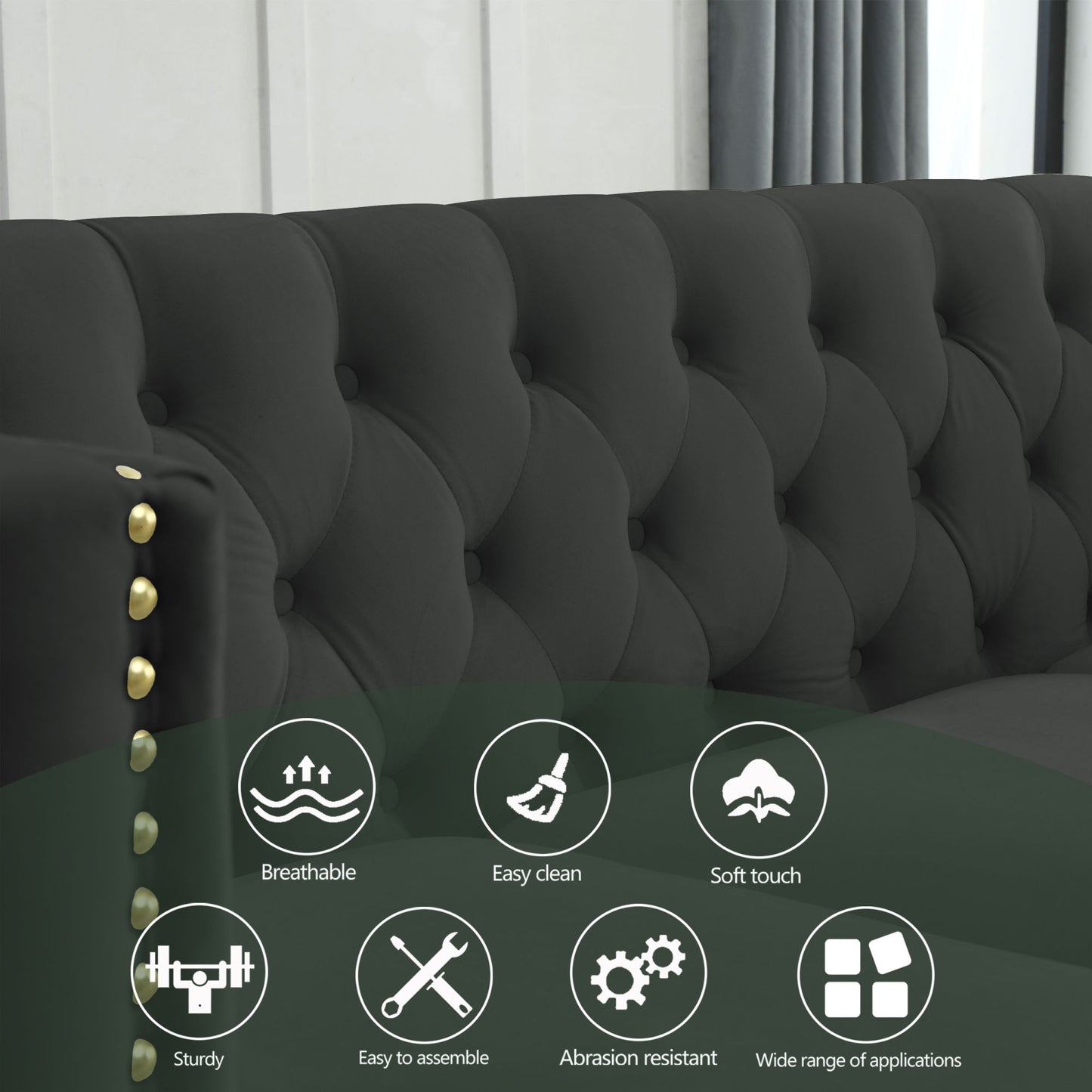 kate velvet upholstered sofa, black velvet