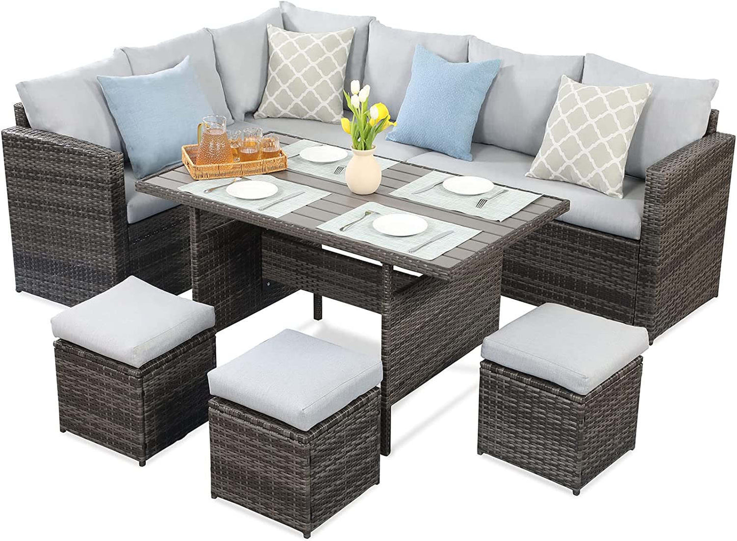 7-pieces pe rattan wicker patio dining sectional cusions sofa set with grey cushions