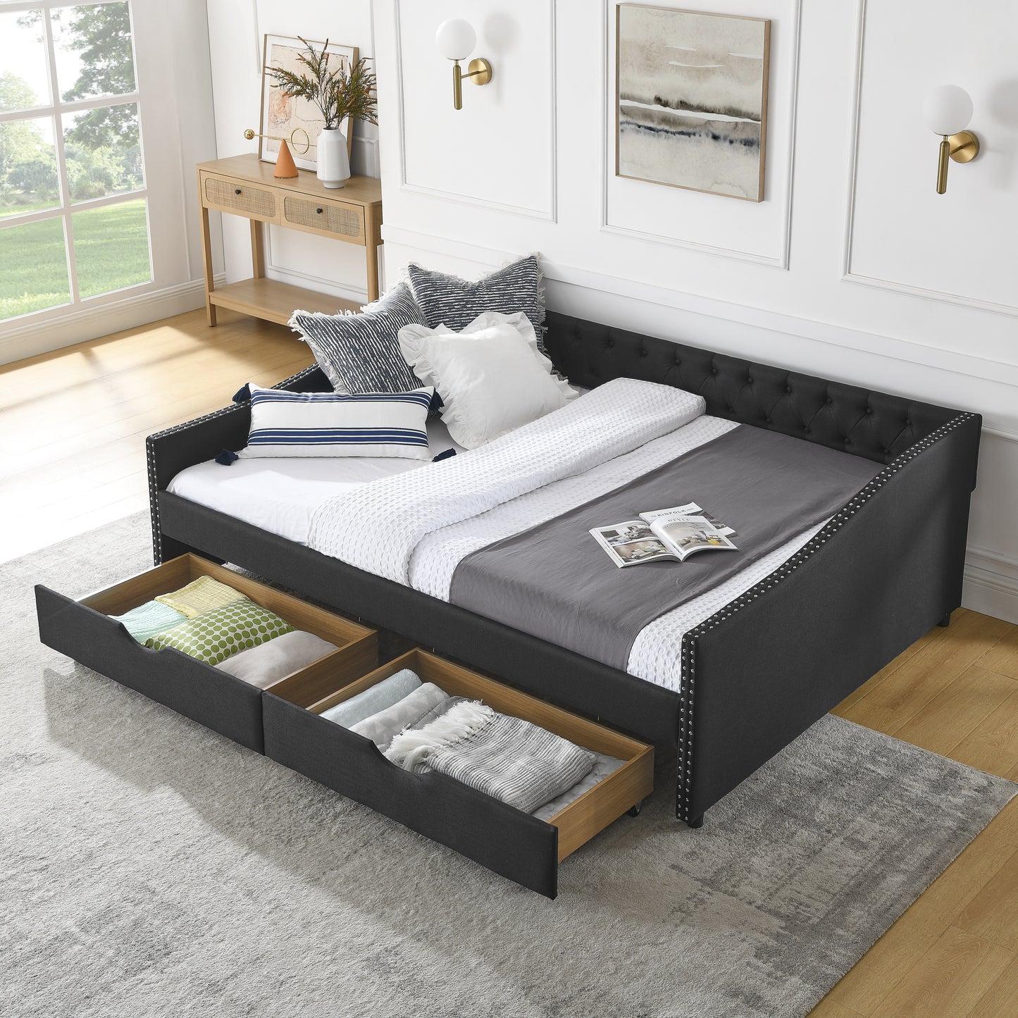queen size daybed with drawers upholstered tufted sofa bed,,with button on back and copper nail on waved shape arms(84.5"x63.5"x26.5")