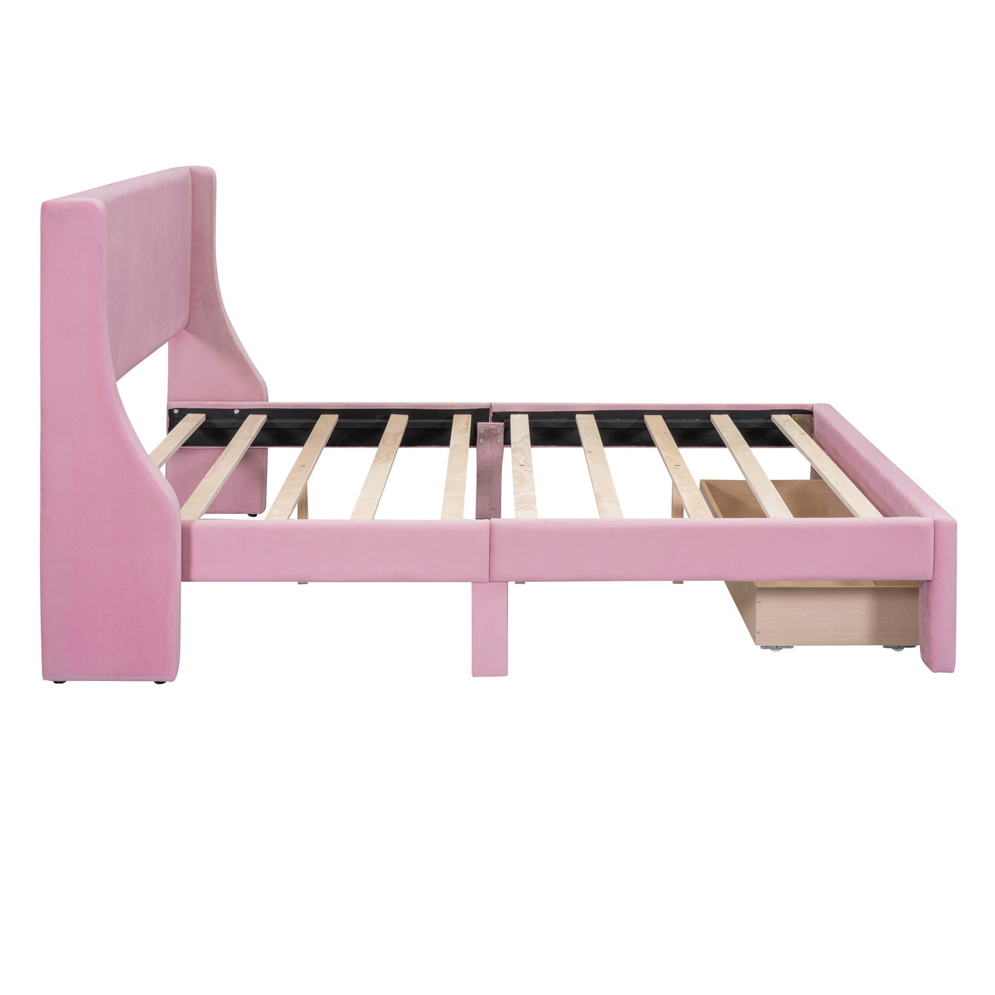 velvet upholstered storage bed with a big drawer - pink