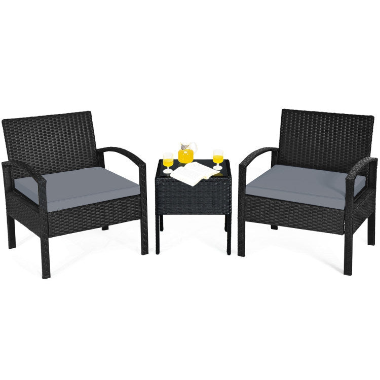 3 pieces outdoor rattan patio conversation set with seat cushions