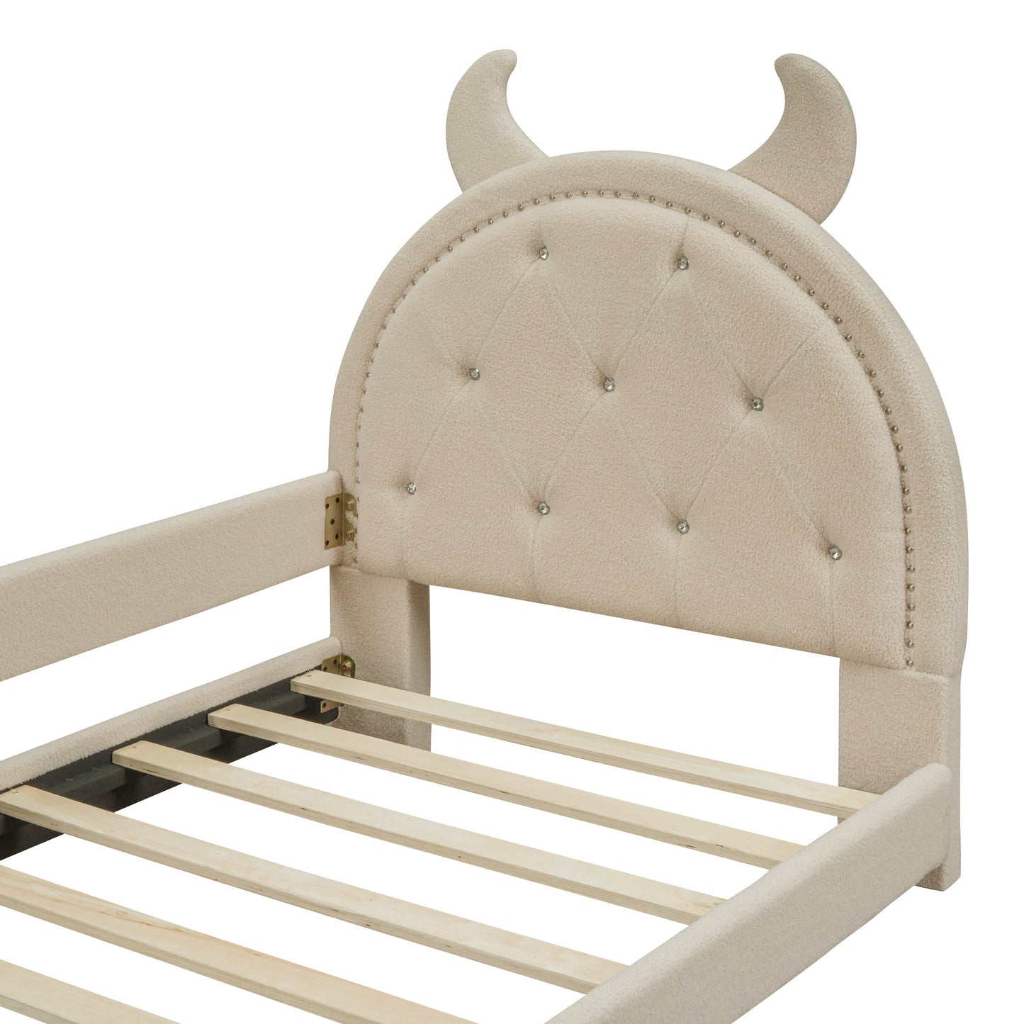 teddy fleece upholstered daybed with ox horn shaped headboard, beige