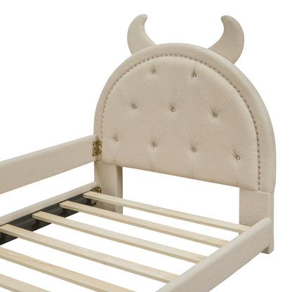 Teddy Fleece Upholstered Daybed with OX Horn Shaped Headboard, Beige