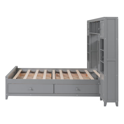 Wooden Bed With All-in-One Cabinet and Shelf