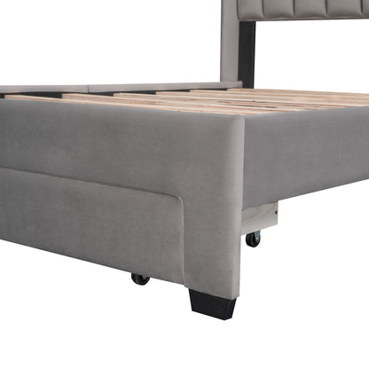 Danny Velvet Upholstered Platform Bed with a Big Drawer - Gray