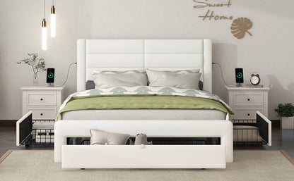 Leather Upholstered Platform Bed with Drawer Storage & Charging Station, White