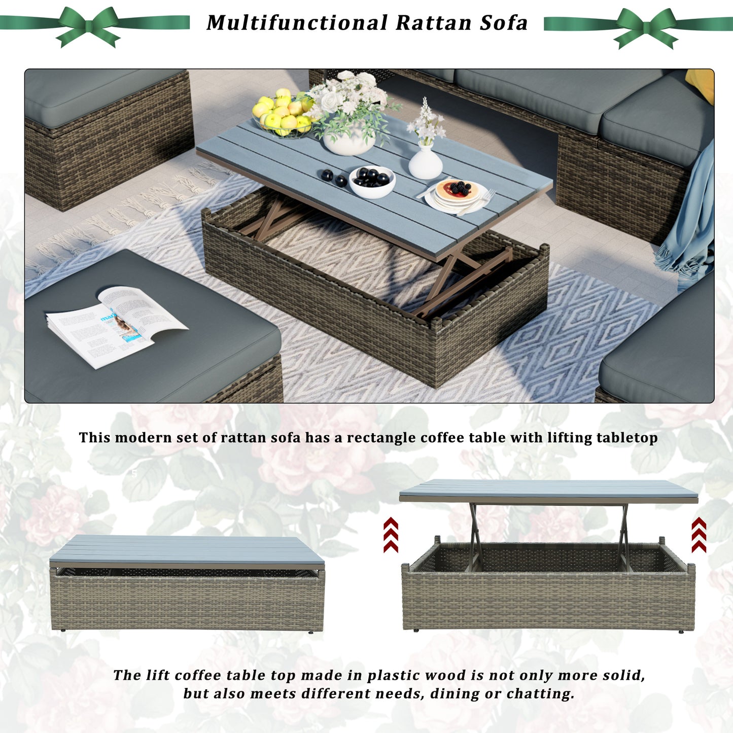 5-piece patio wicker sofa set cushions; ottomans and lift top coffee table included