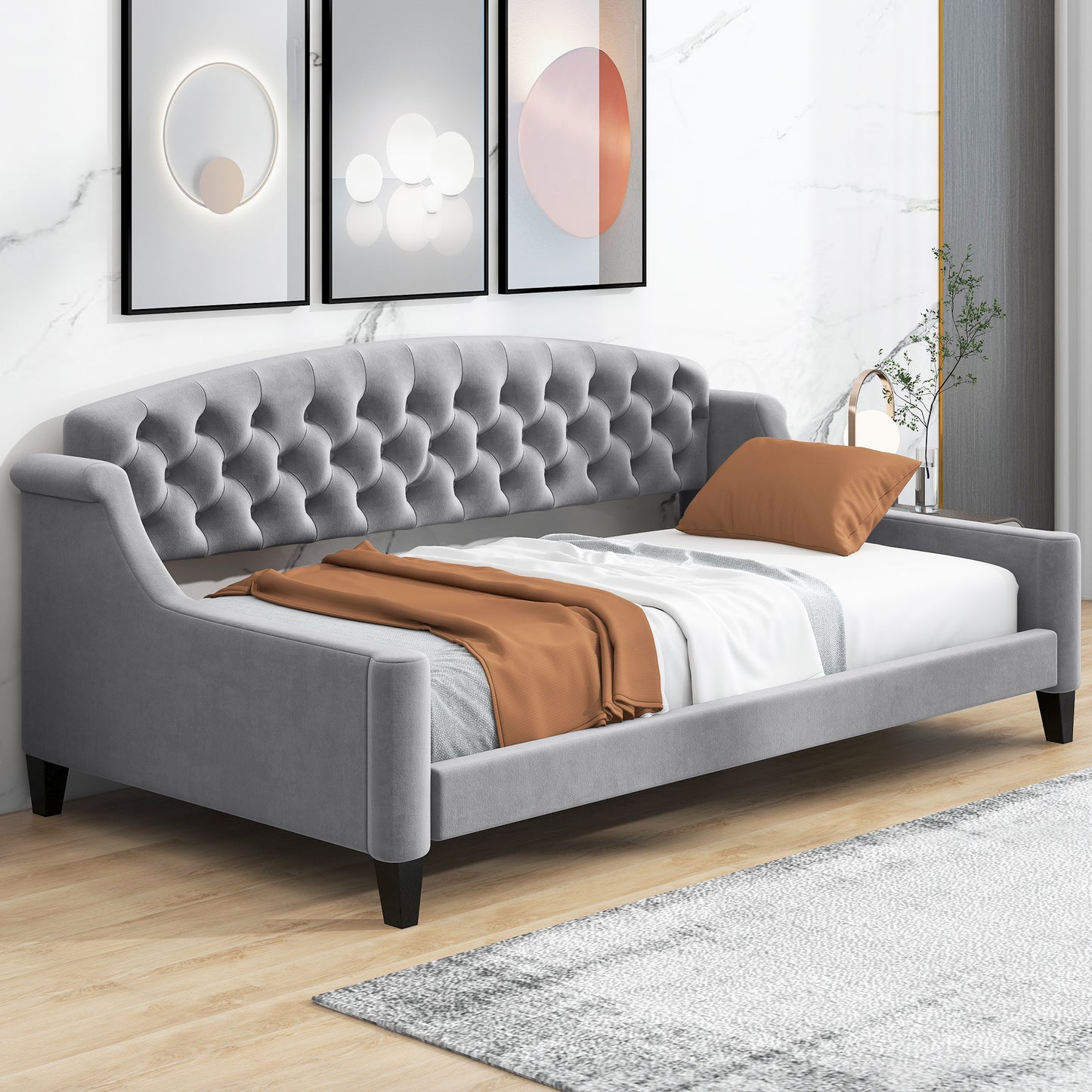 modern luxury upholstered tufted button bed, grey
