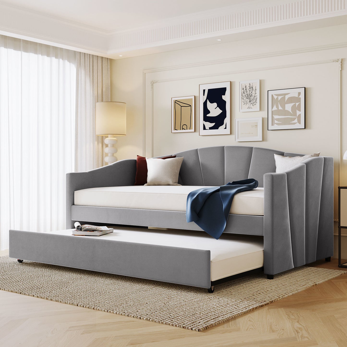 upholstered bed with trundle bed and wood slat ; gray
