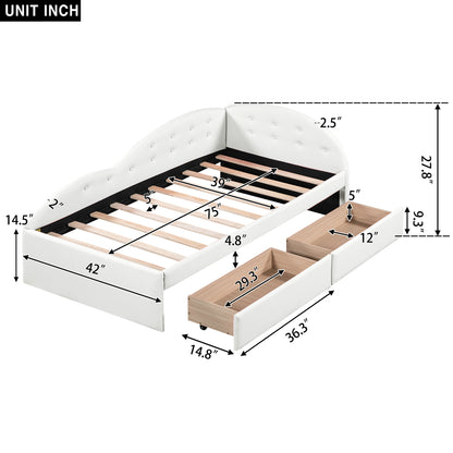 Upholstered Tufted Bed with Two Drawers and Cloud Shaped Guardrail, White