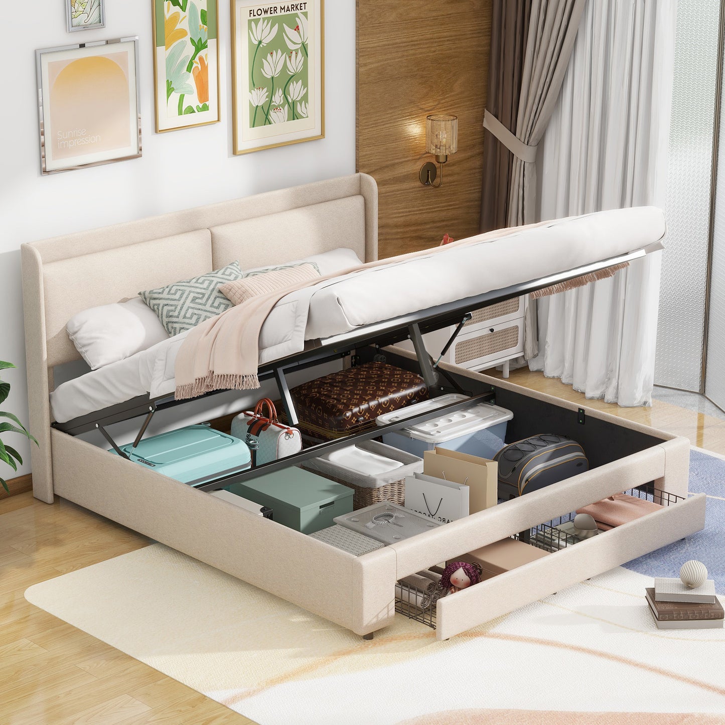 queen size storage upholstered hydraulic platform bed with 2 drawers, beige