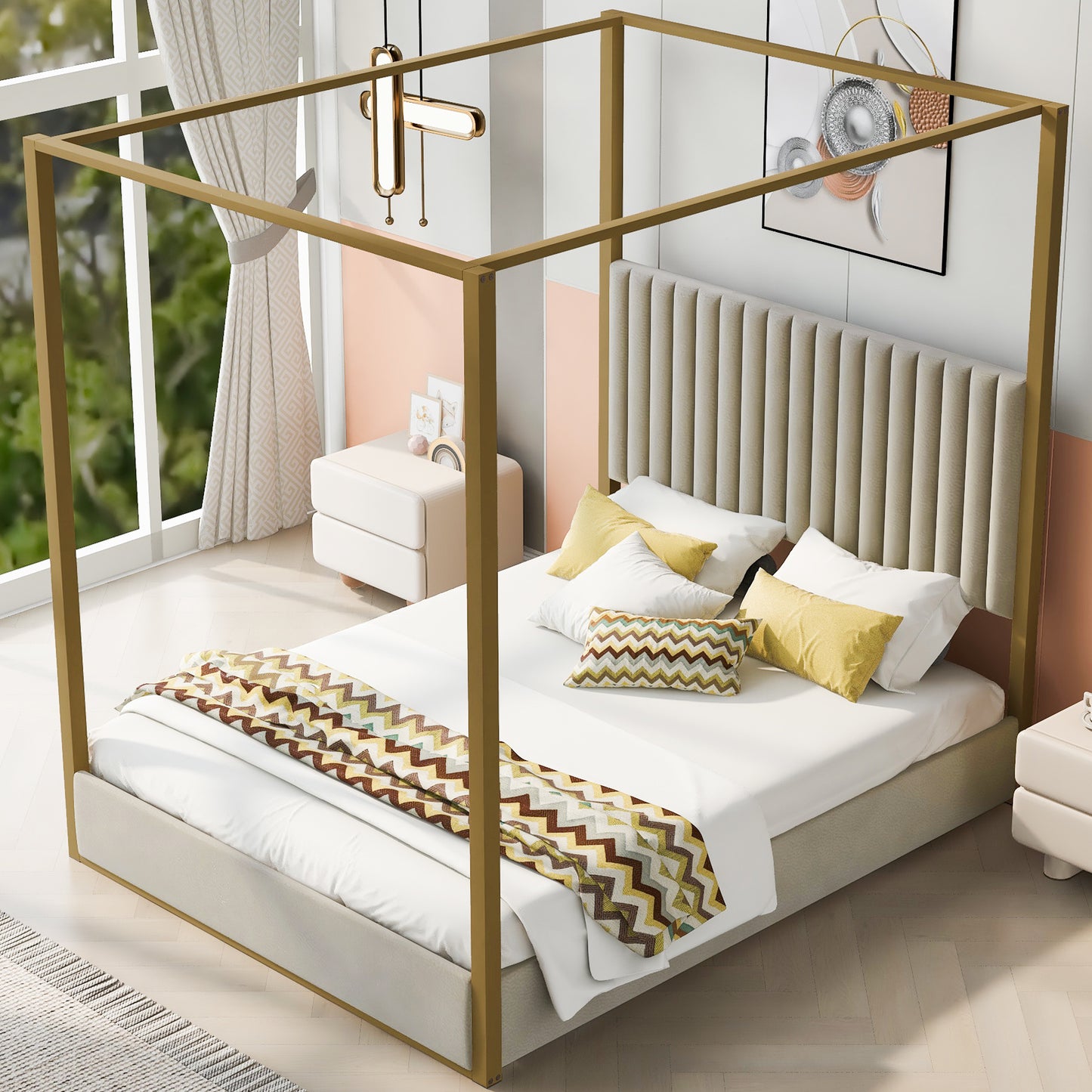 queen size upholstery canopy platform bed with headboard and metal frame, beige