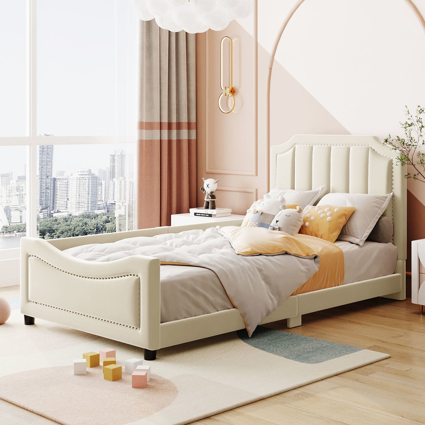 maya upholstered bed with classic stripe shaped headboard, beige