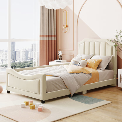 Maya Upholstered Bed with Classic Stripe Shaped Headboard, Beige