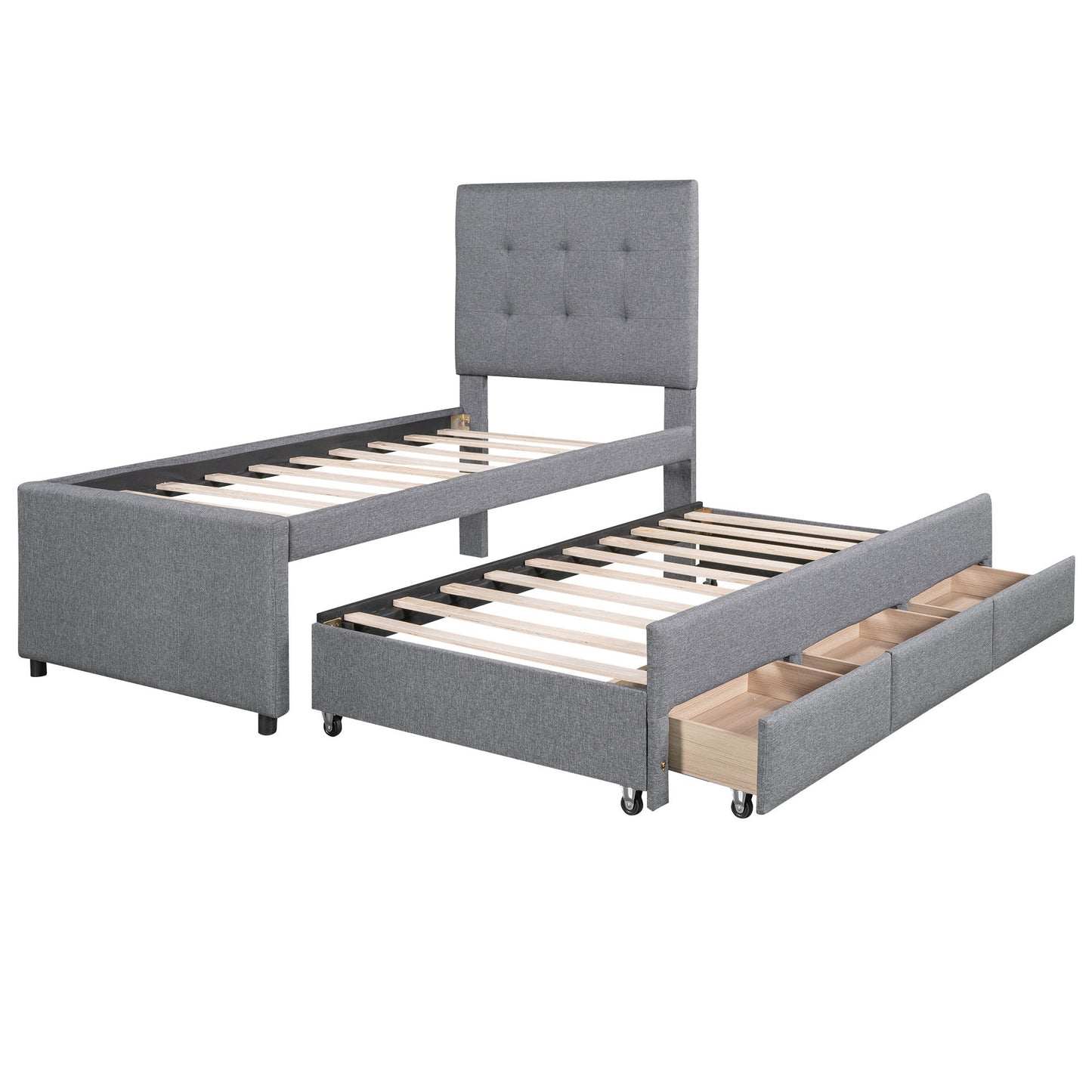 upholstered platform bed with pull-out twin size trundle and 3 drawers, gray