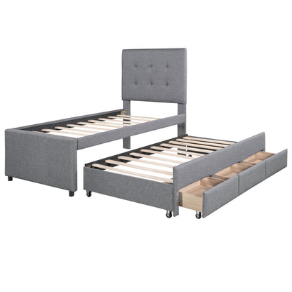 Upholstered Platform Bed with Pull-out Twin Size Trundle and 3 Drawers, Gray