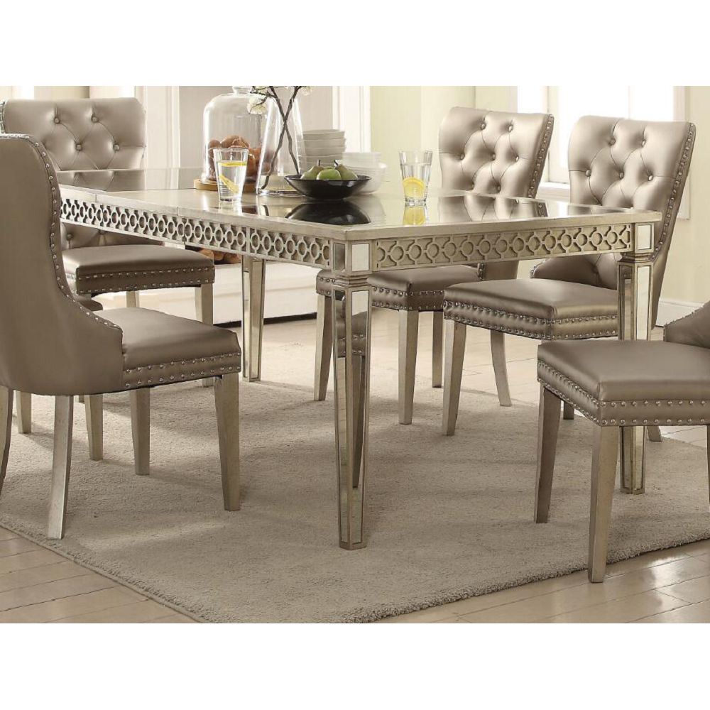 acme kacela dining table in mirror & champagne