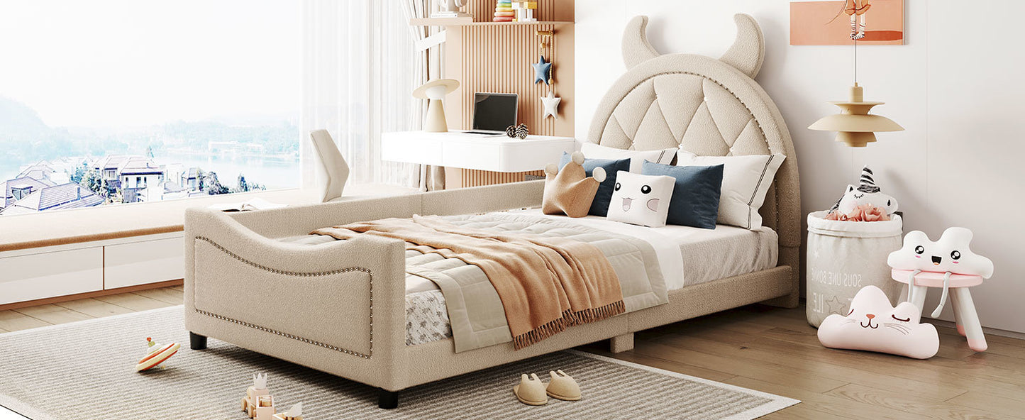 teddy fleece upholstered daybed with ox horn shaped headboard, beige