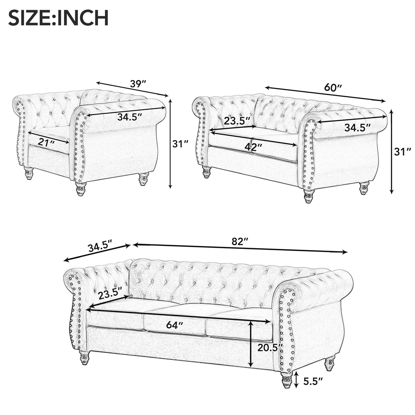 modern chesterfield 3-piece sofa set
