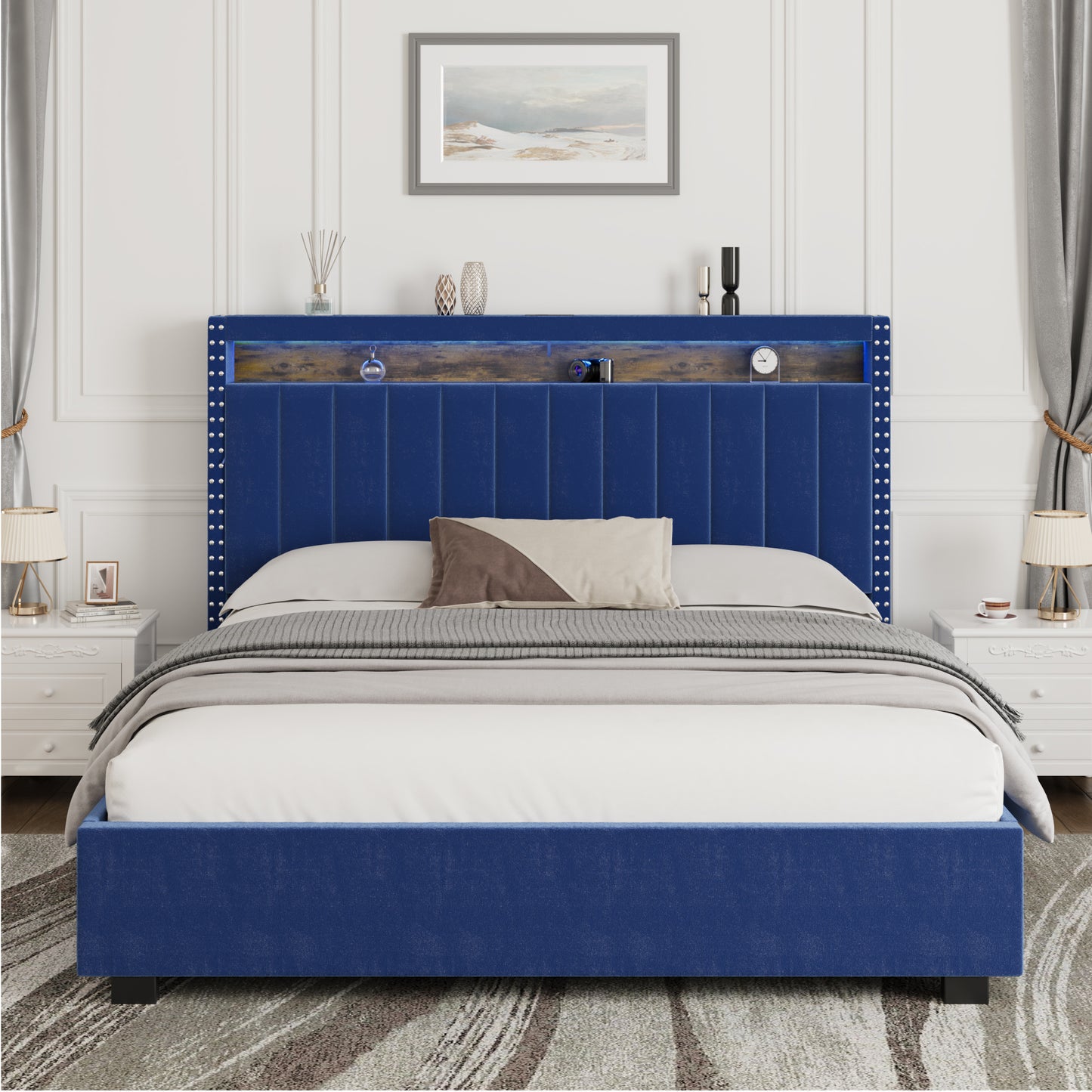 luxury gas lift storage bed with rf led lights & storage headboard , blue