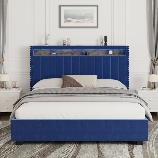 Luxury Gas Lift Storage Bed with RF LED Lights & Storage Headboard , Blue