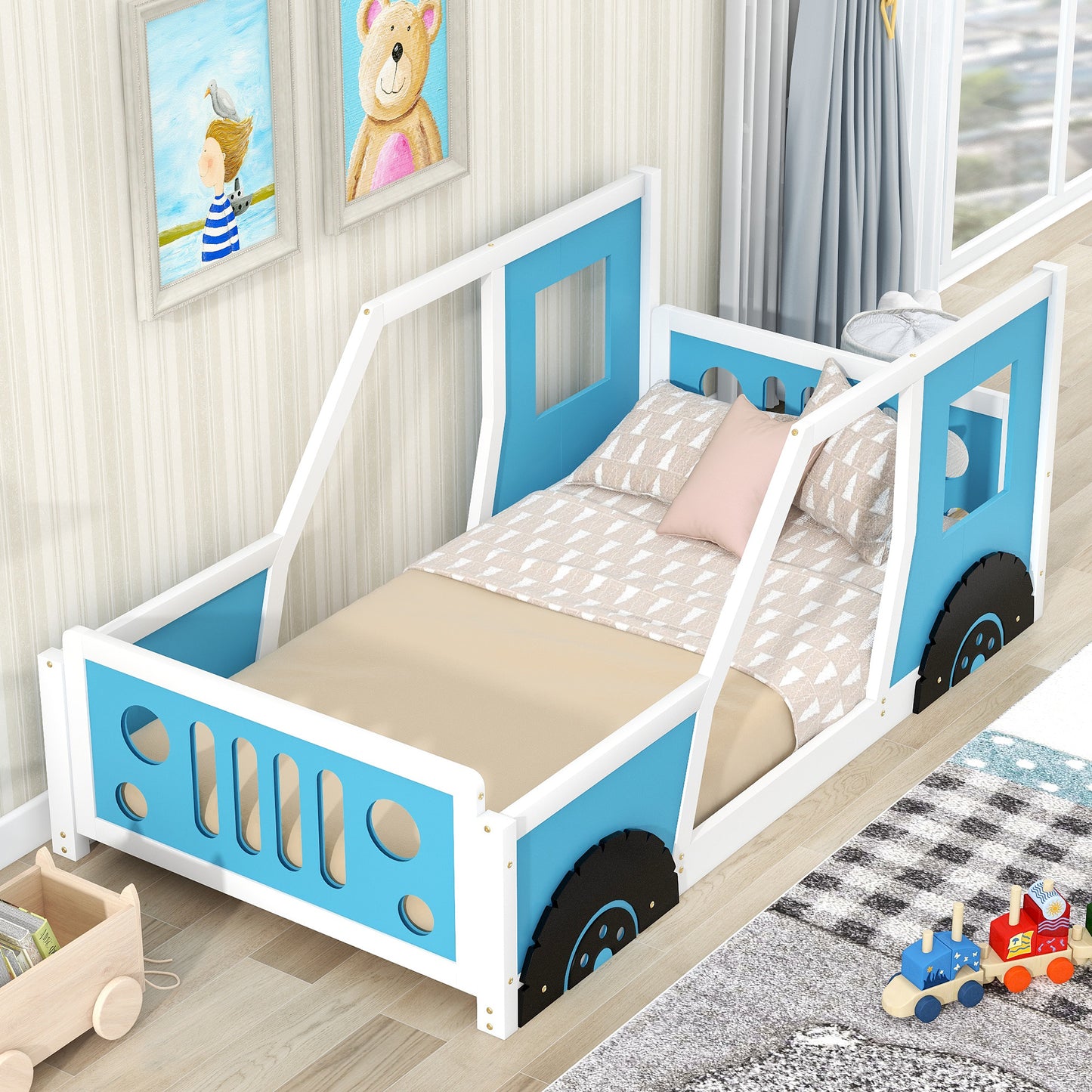 twin size classic car-shaped platform bed with wheels