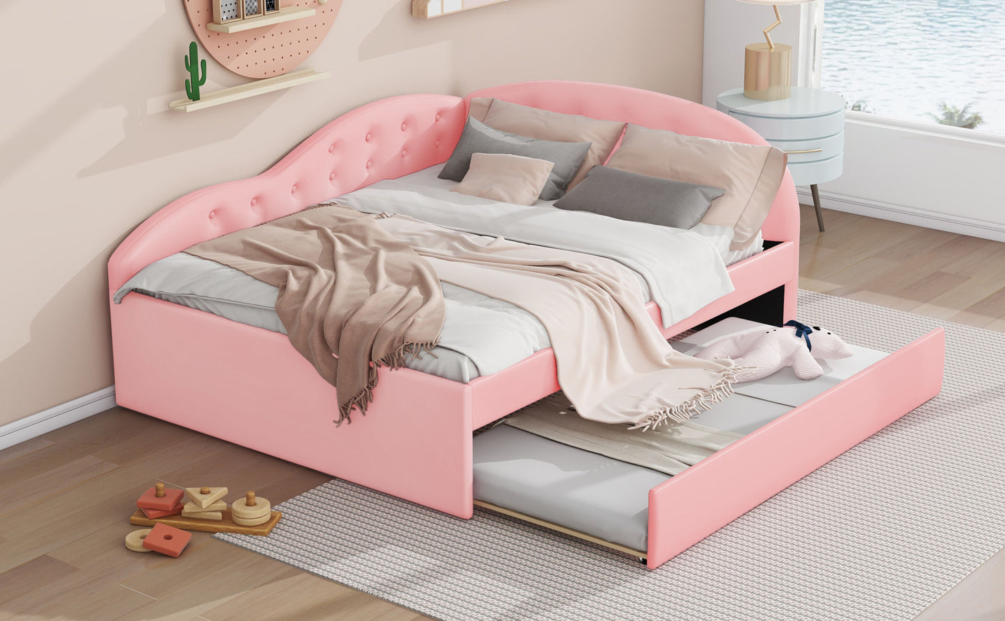 pu upholstered tufted daybed with trundle and cloud shaped guardrail, pink