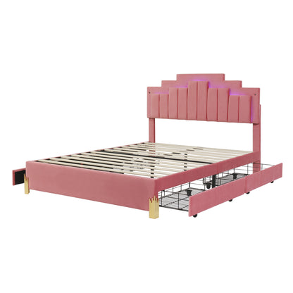 Irregular Upholstered Platform Bed with LED Lights and 4 Drawers, Pink