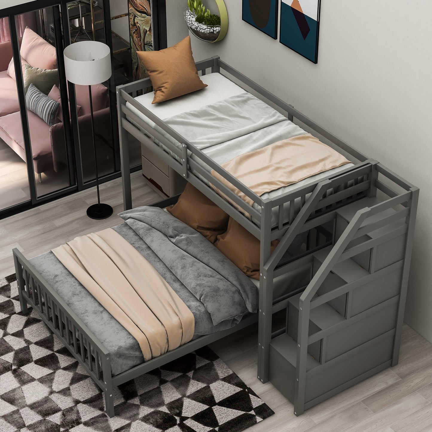 twin over full loft bed with staircase,gray