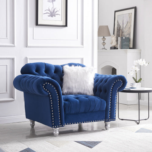 3 piece sofa set with five white villose pillow, blue