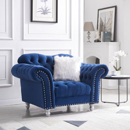 3 Piece Sofa Set with Five White Villose Pillow, Blue