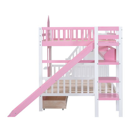Full-Over-Full Castle Style Bunk Bed with 2 Drawers 3 Shelves and Slide - Pink