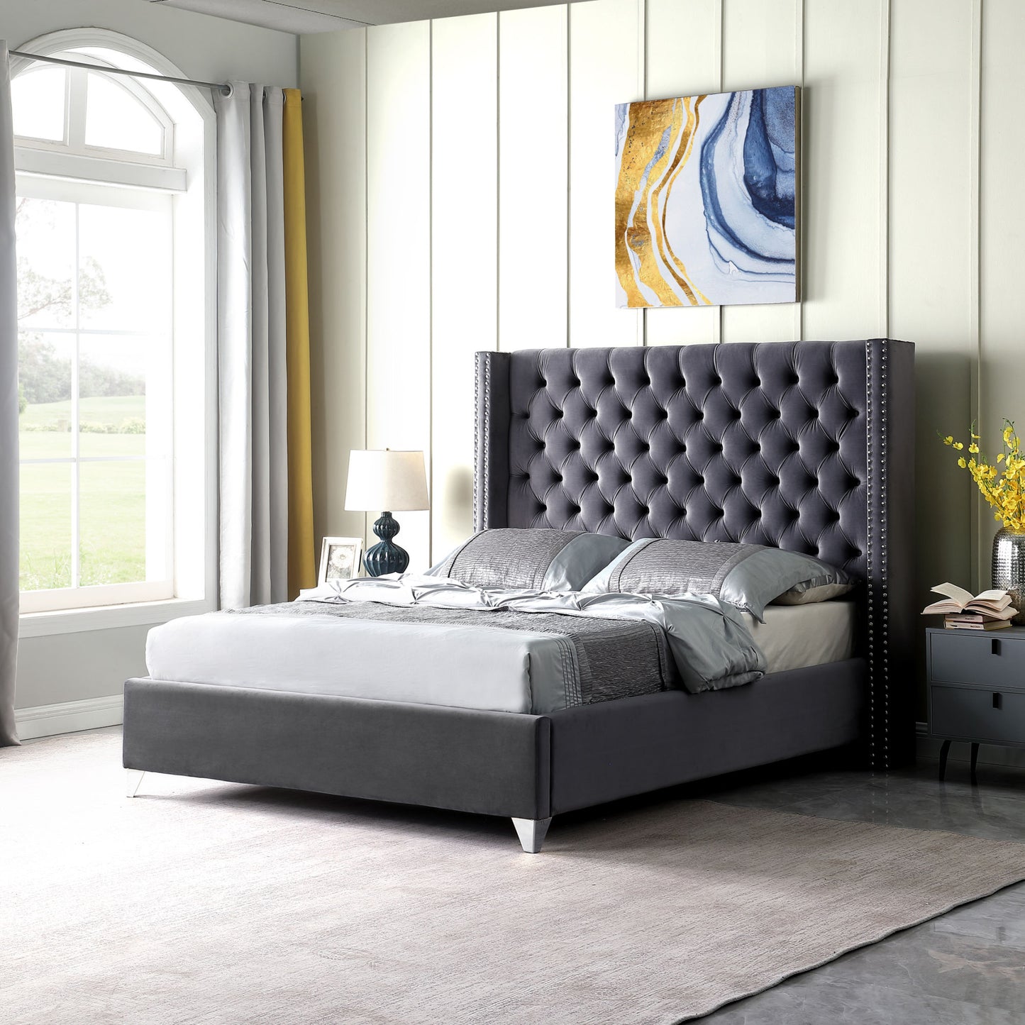 velvet upholstered bed with deep button tufting, grey