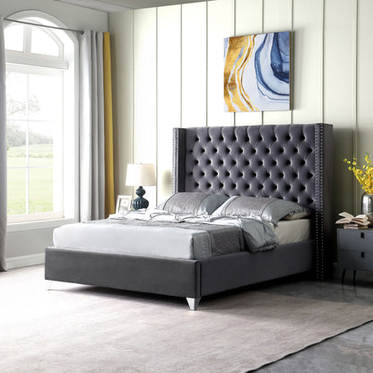 Velvet Upholstered Bed with Deep Button Tufting, Grey