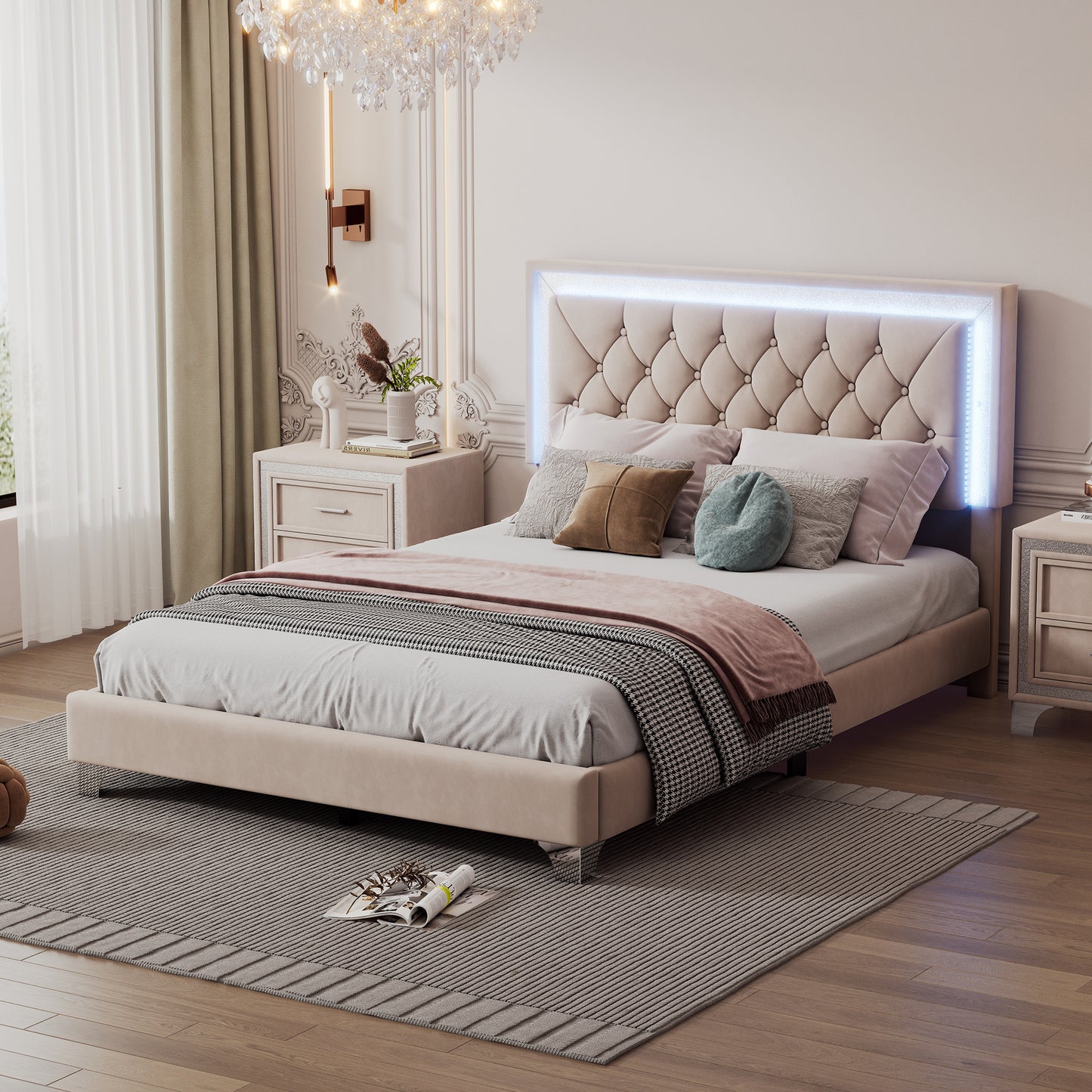 upholstered bed frame with led lights, beige